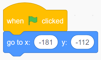 screenshot of Scratch code. when green flag clicked; go to x:-181 y:-112